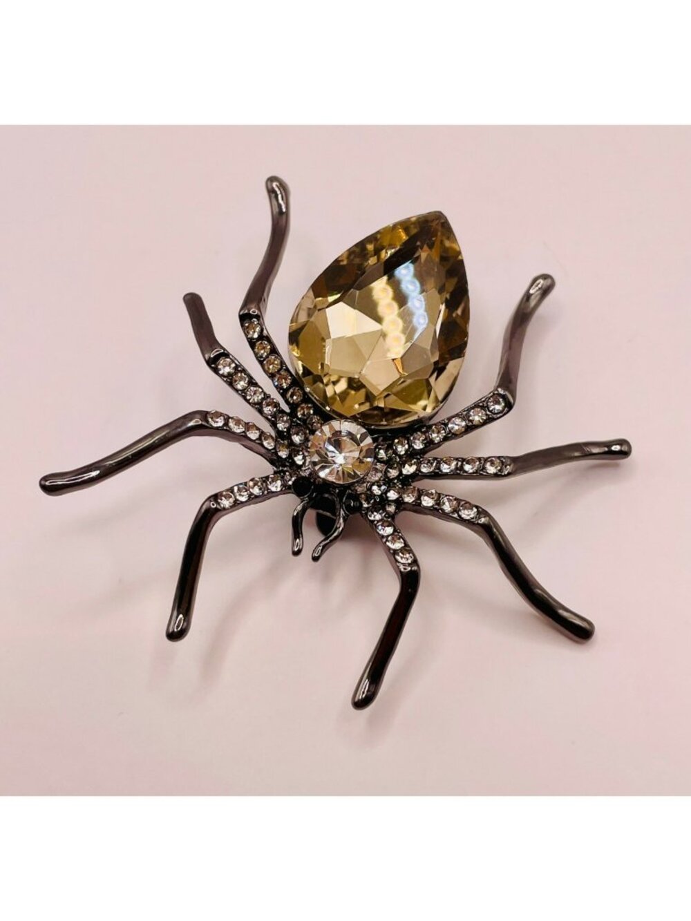 Spider Brooch Rhinestones & Yellow Gemstone Black Metal Sparkling -105B